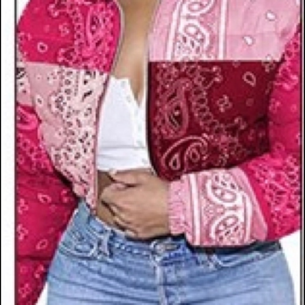 Pink bandanna design puffer coat
